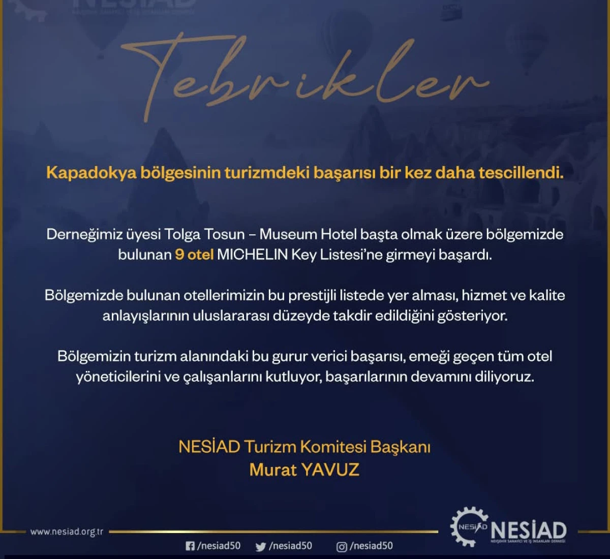 NESİAD Üyesi Tolga Tosun ve Bölgedeki 9 Otel MICHELIN Key Listesi’nde!