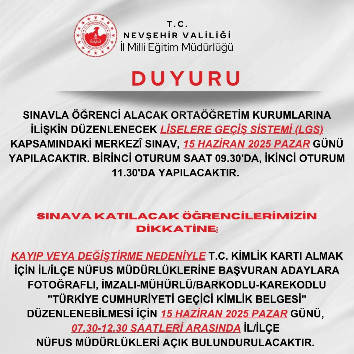 LGS Kapsamındaki Merkezî Sınav, 15 Haziran 2025 Pazar Günü Yapılacak